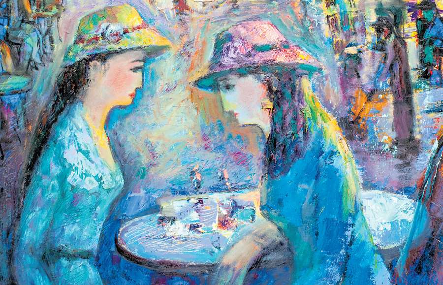 pintura de dos mujeres, una frente a otra.